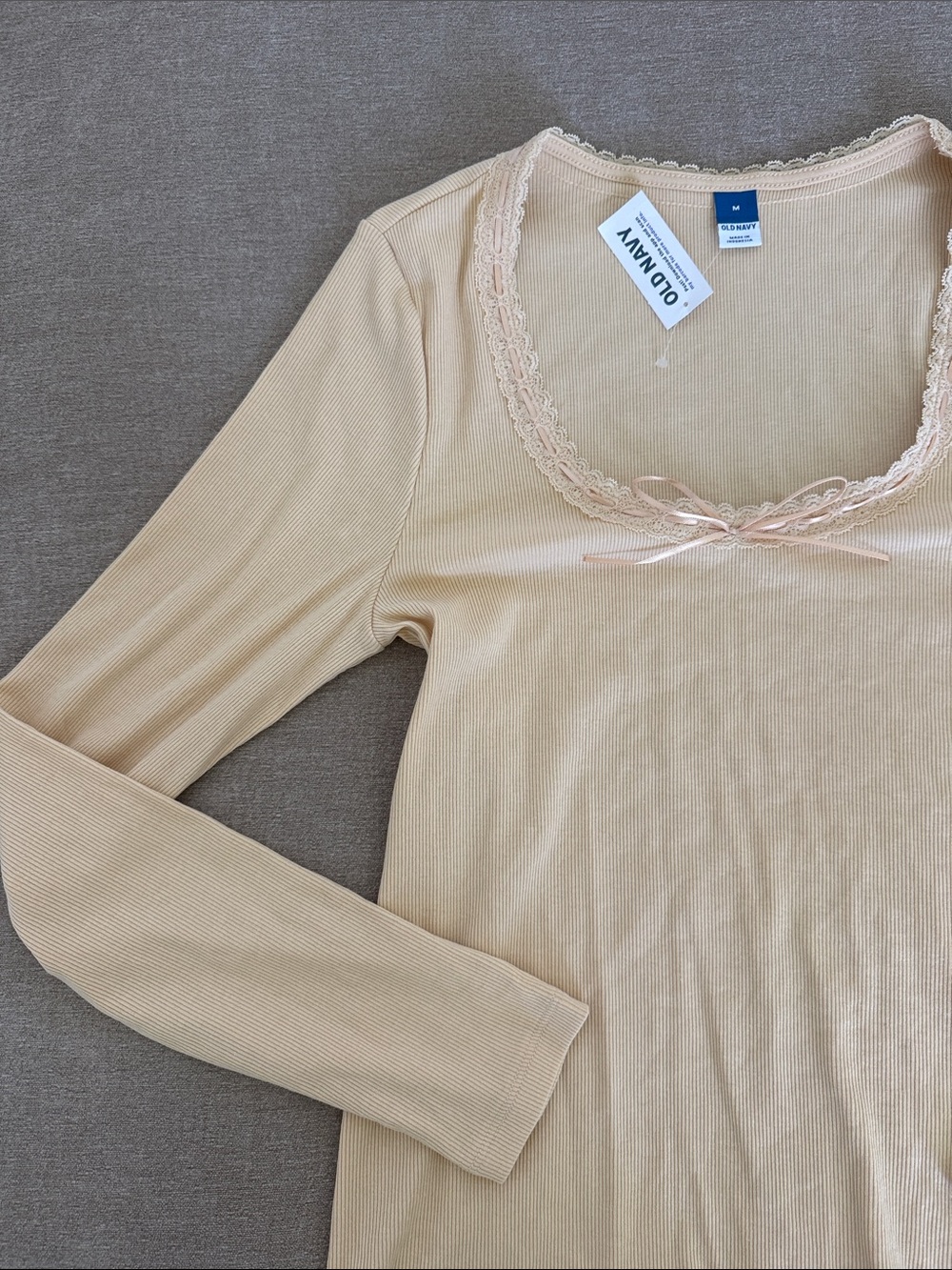 Old Navy Women's Ribbed Butter Yellow Long-Sleeve Lace Trim Top